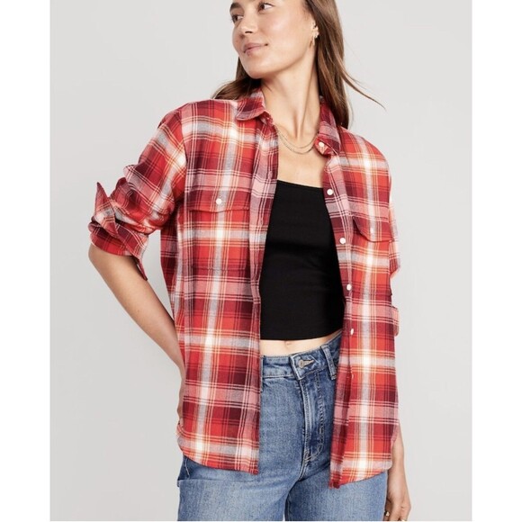 NWT Women's Old Navy Multi Red Plaid Flannel Loose Boyfriend Tunic Shirt XL - Picture 1 of 7
